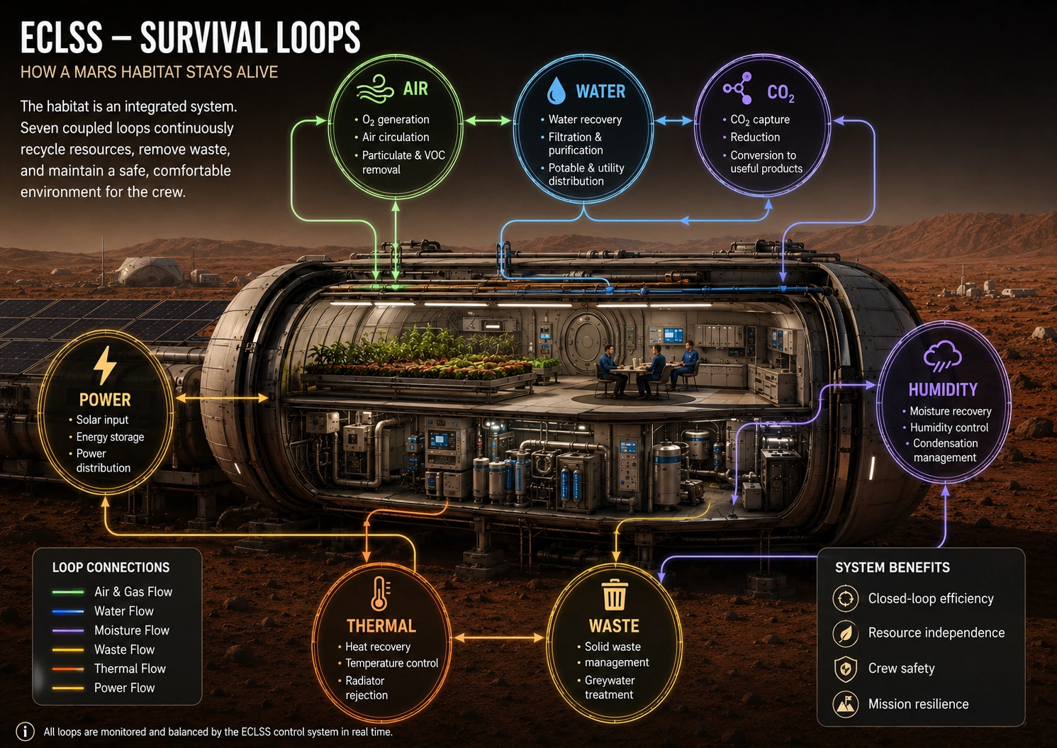 Premium cutaway of a Mars habitat with interconnected ECLSS survival loops: air, water, CO₂, humidity, waste, thermal and power.