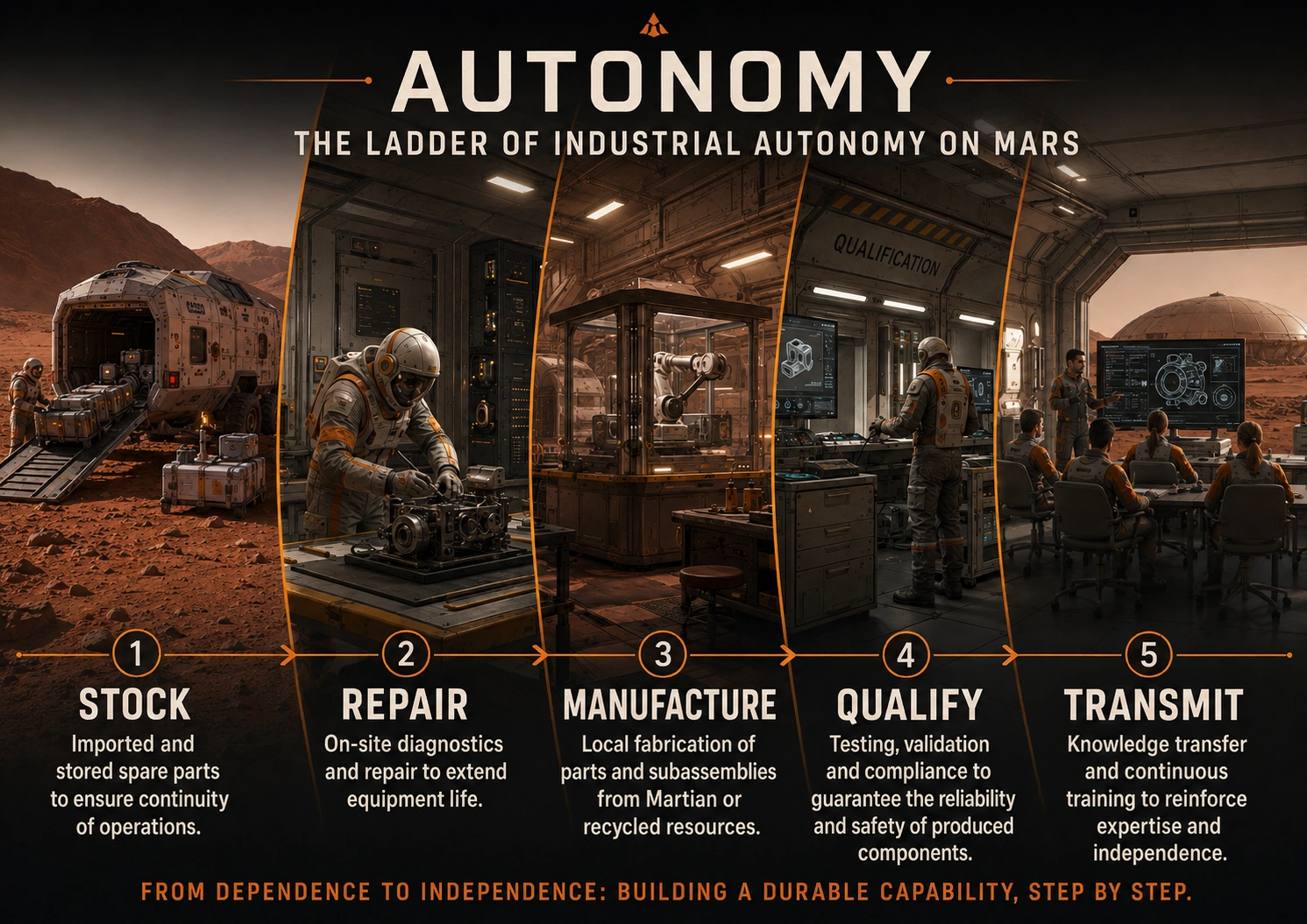 Premium ladder of Martian industrial autonomy: stock, repair, make, qualify and transmit knowledge.