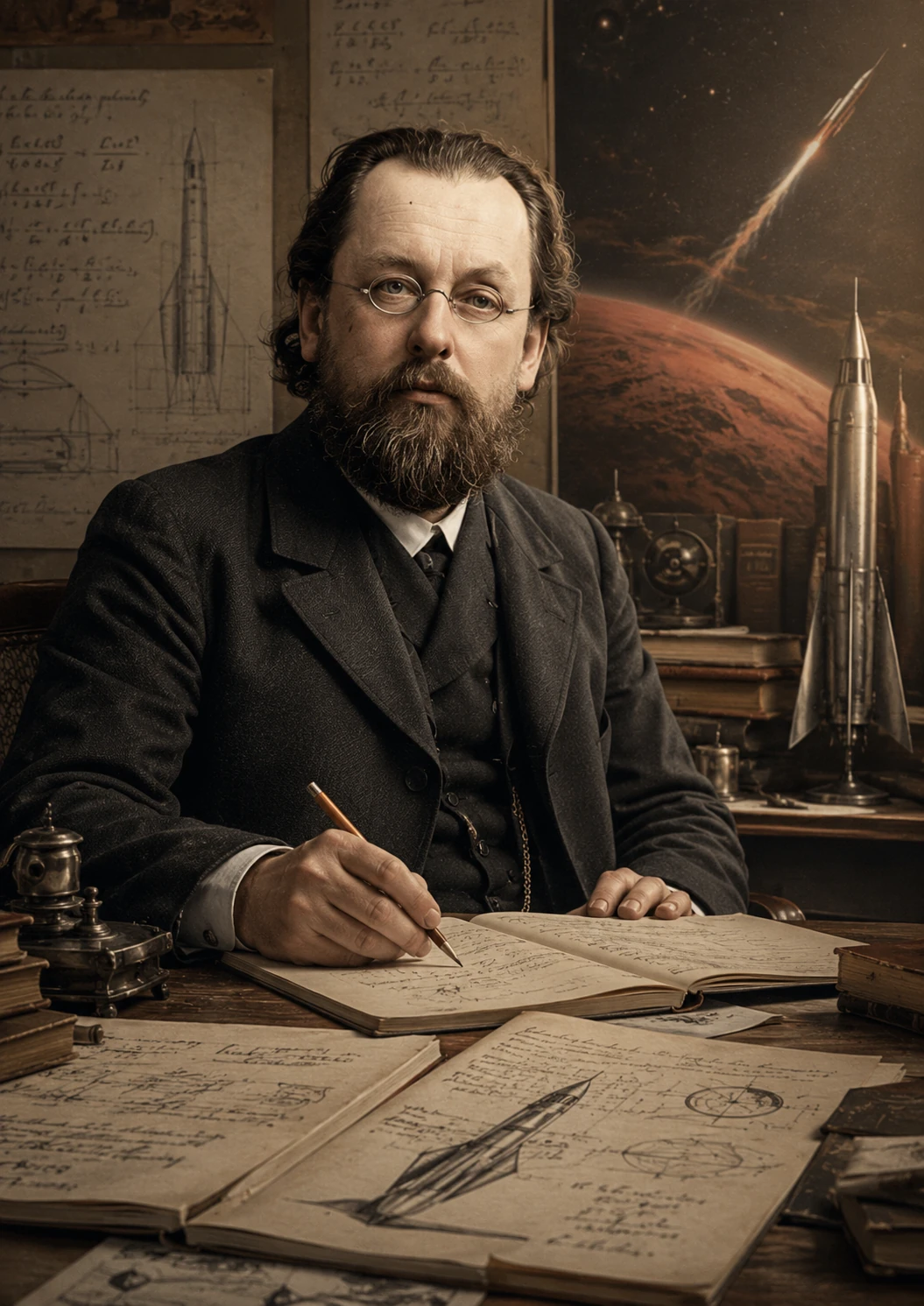Illustrated portrait of Konstantin Tsiolkovsky