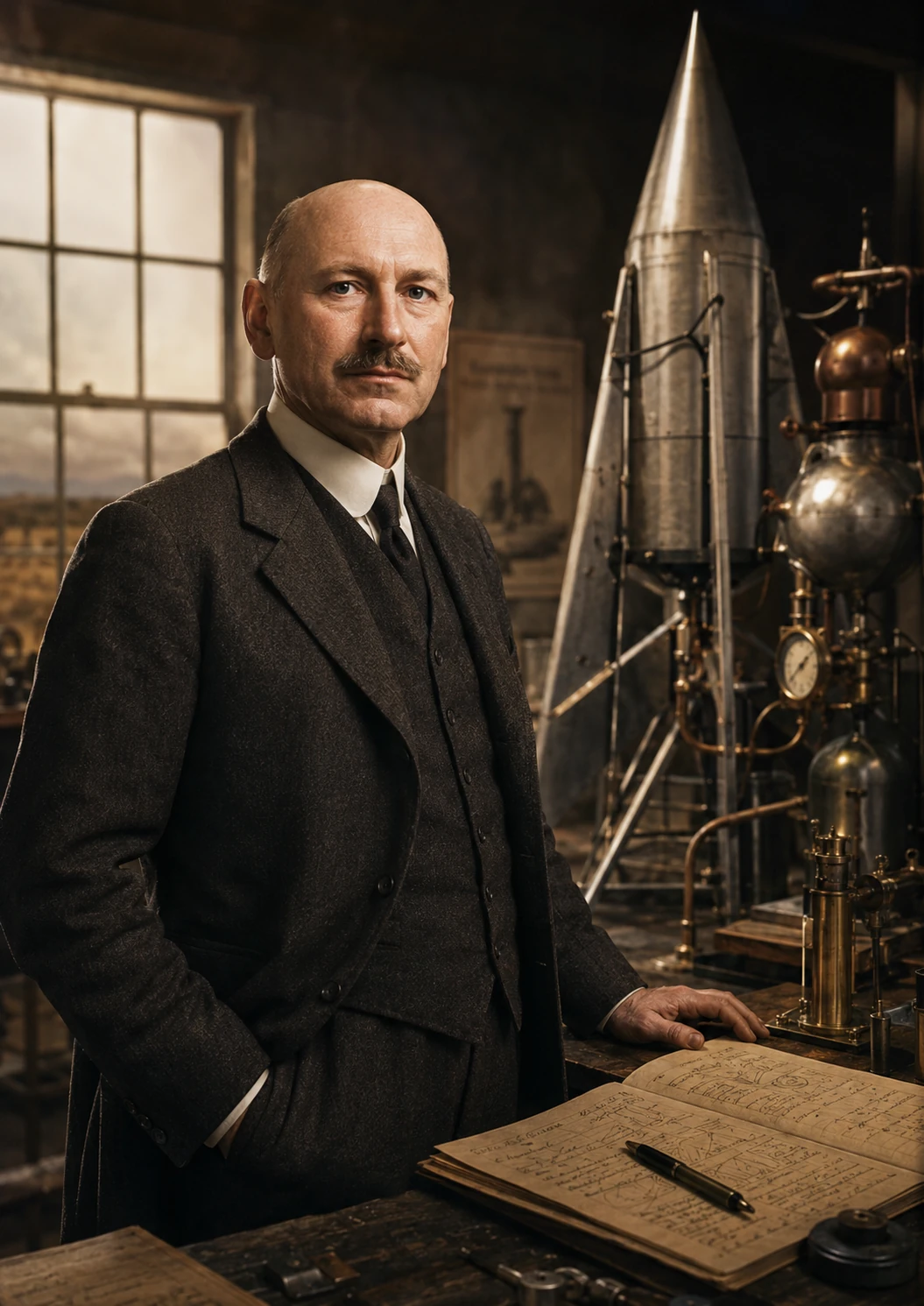 Portrait illustré de Robert Goddard à sa table de travail