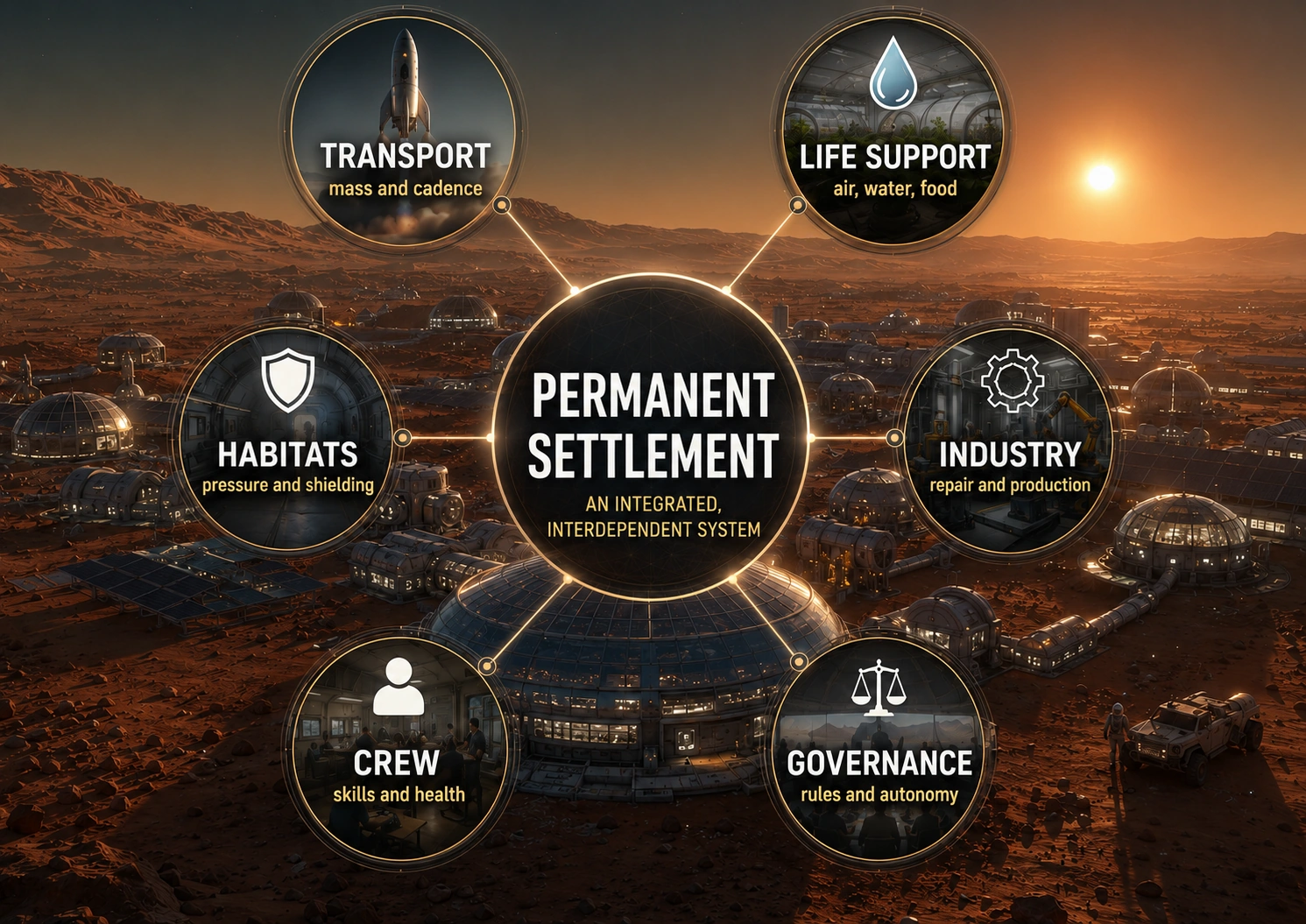 Premium systems map of a permanent Mars settlement linking transport, life support, habitats, people, governance and industry.