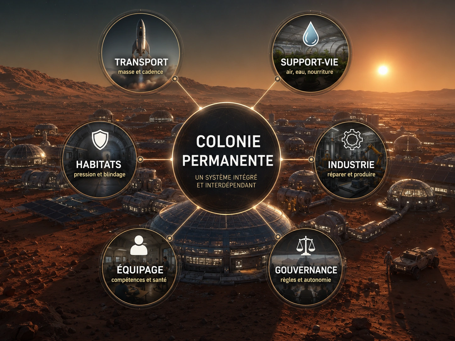 Carte systémique premium d’une colonie martienne permanente reliant transport, support-vie, habitats, équipage, gouvernance et industrie.
