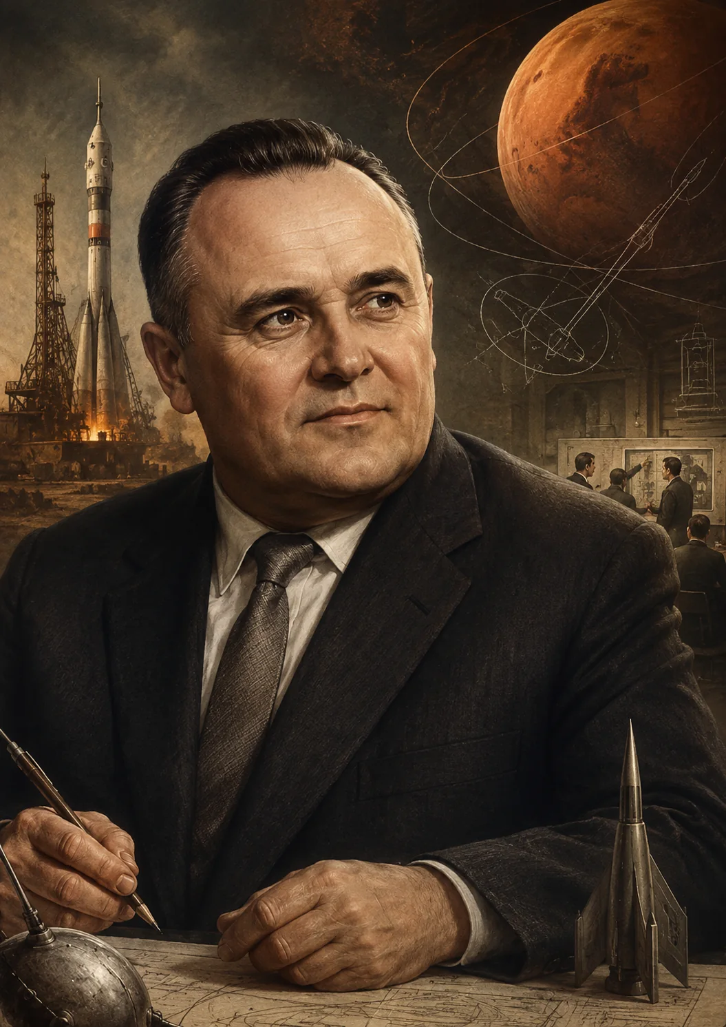 Editorial reconstruction of Sergei Korolev with launch-vehicle and Mars-trajectory concepts