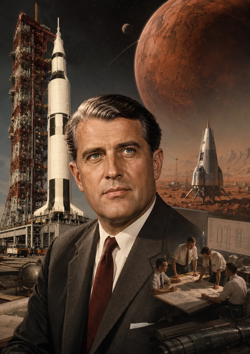 Editorial reconstruction of Wernher von Braun with launch-vehicle architecture and a conceptual Mars mission