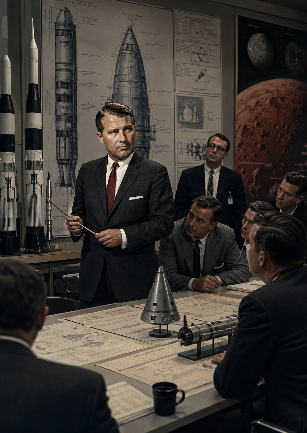 Editorial reconstruction of Wernher von Braun in a rocket and Mars-mission design room