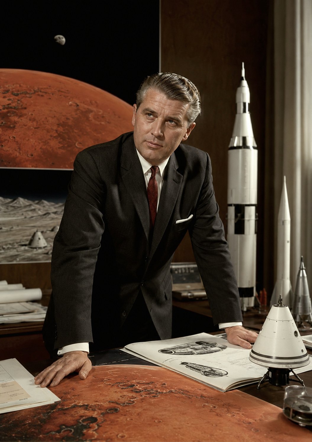 Editorial reconstruction of Wernher von Braun with rocket drawings and a representation of Mars