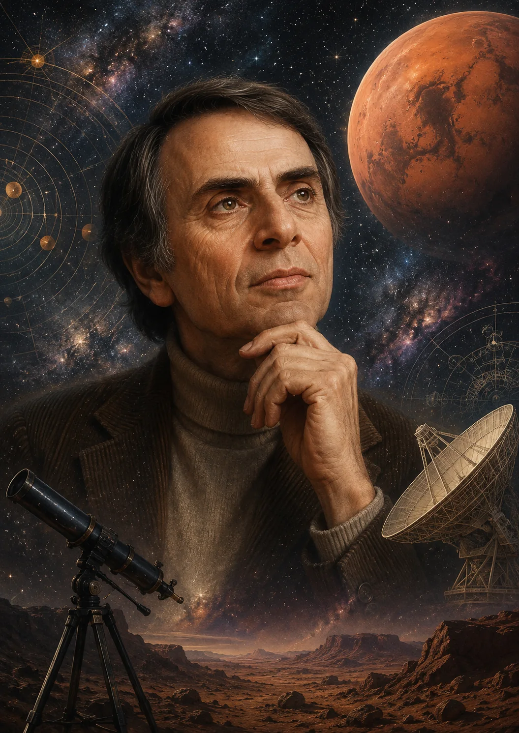 Editorial reconstruction inspired by Carl Sagan with Mars, a telescope, and a deep-space communications antenna