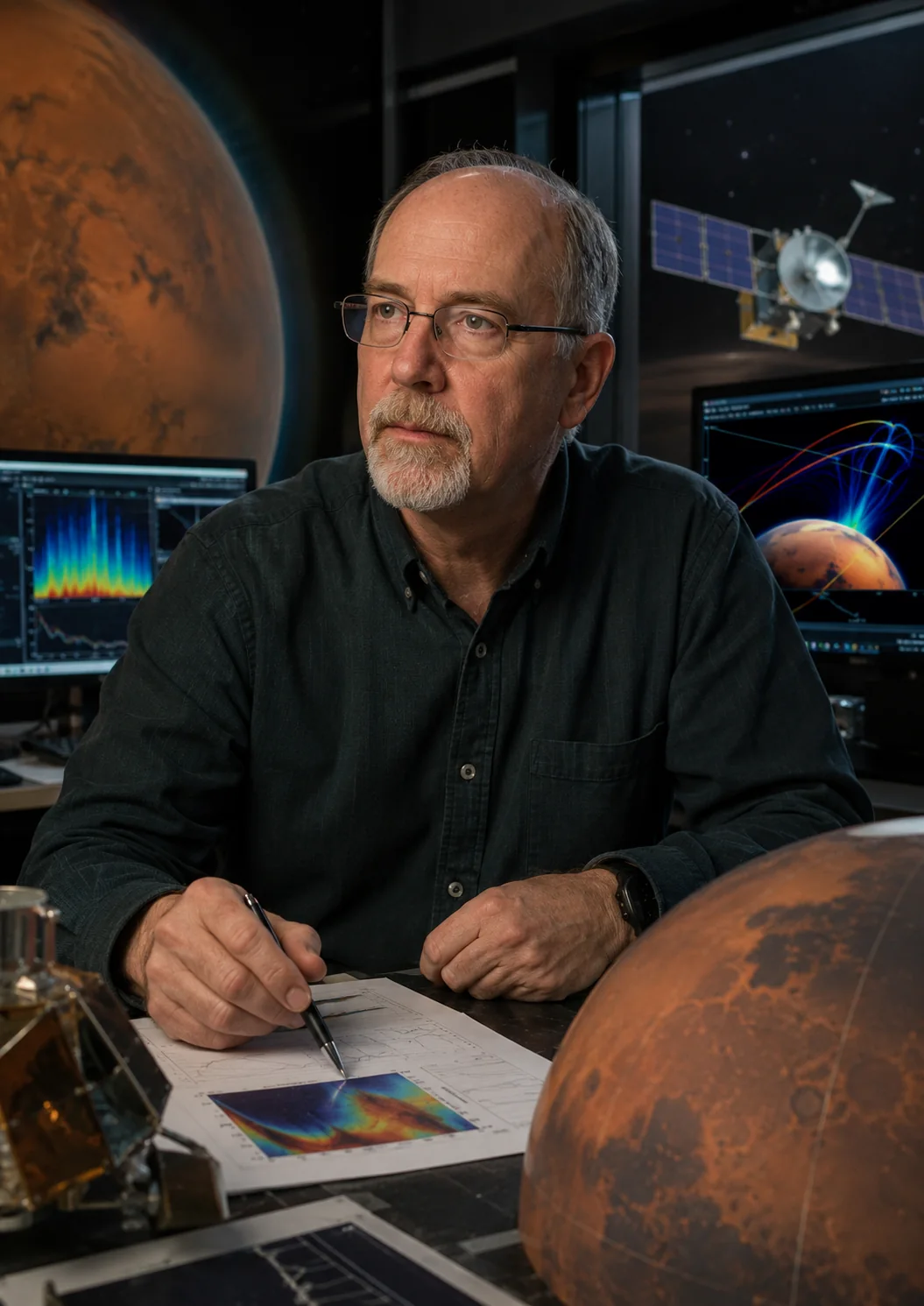 Conceptual illustration of an engineer reviewing Mars mission architecture, trajectories, and surface systems
