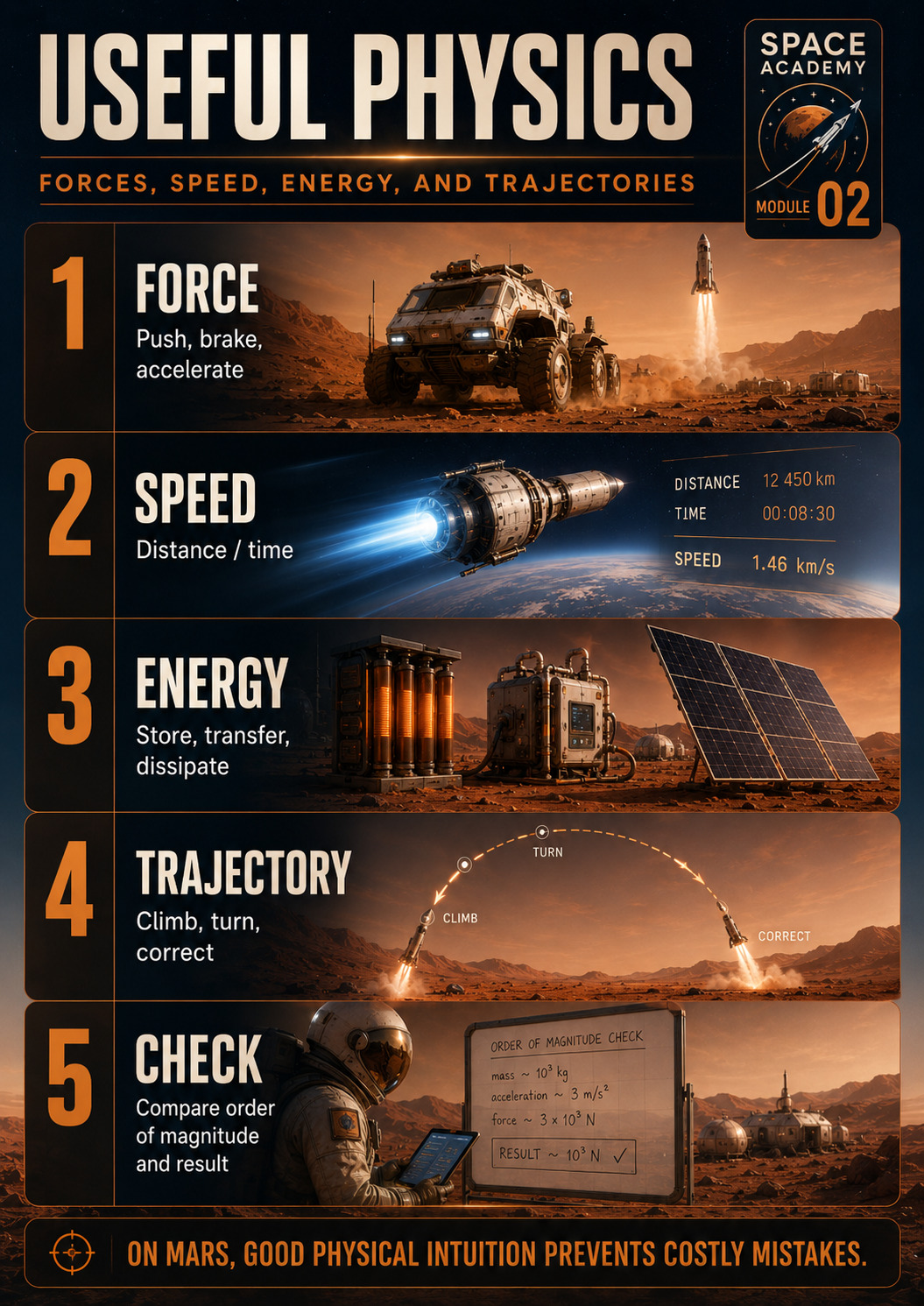 Useful physics: forces, speed, energy, pressure and trajectories.