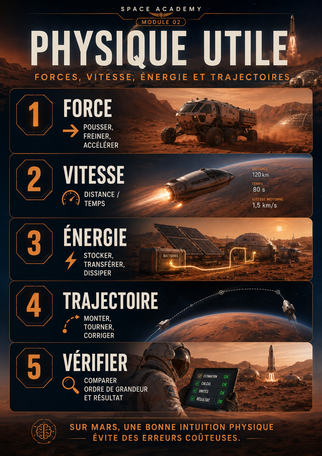 Physique utile : forces, vitesse, énergie, pression et trajectoires.