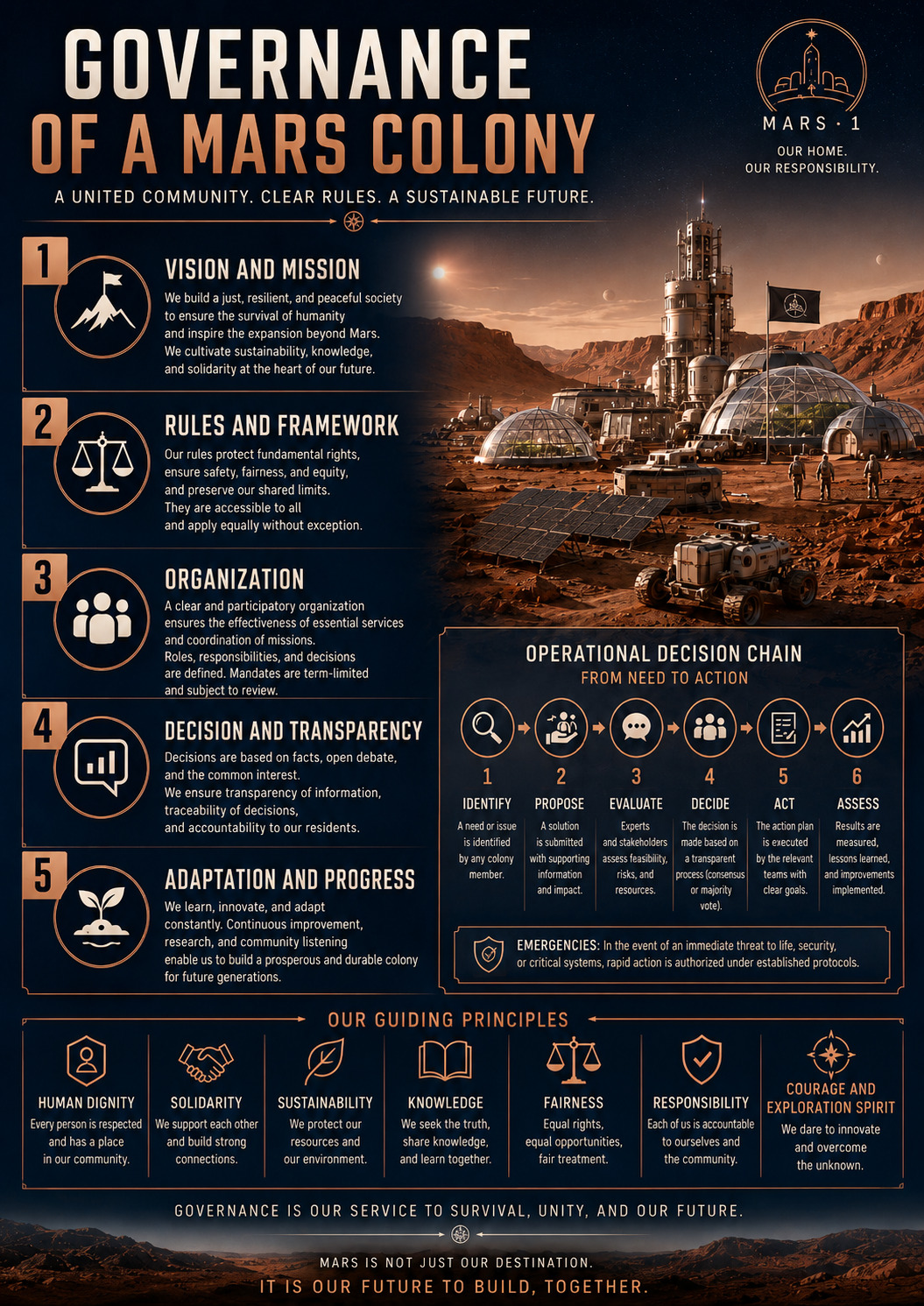 Governance of a Mars colony: vision, rules, organization, transparency and adaptation.