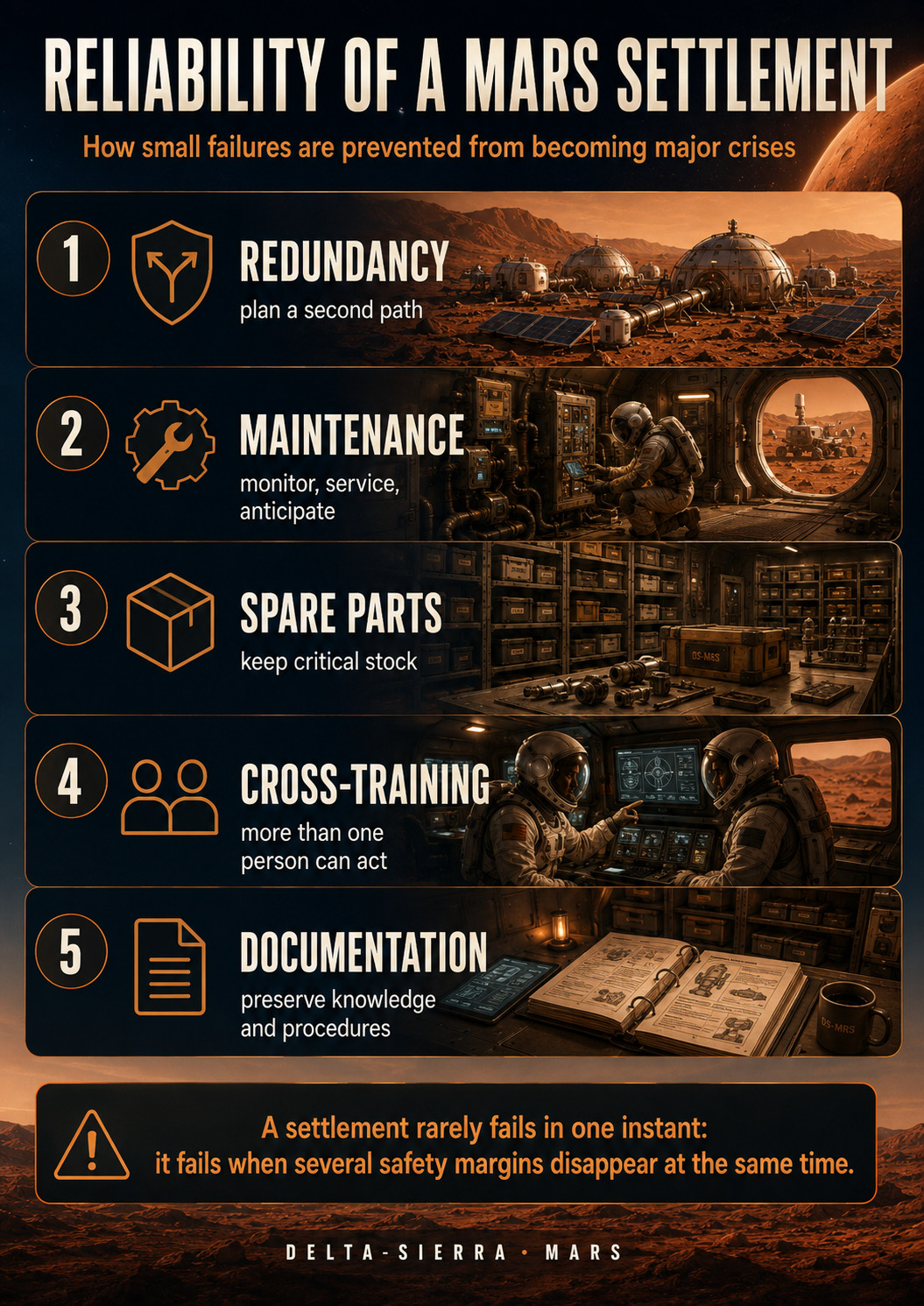 Reliability of a Martian colony: redundancy, maintenance and resilience.