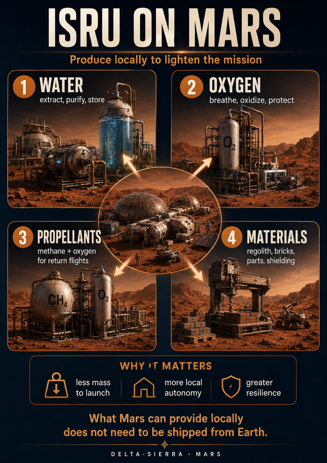 ISRU: producing water, oxygen, materials and propellants locally.