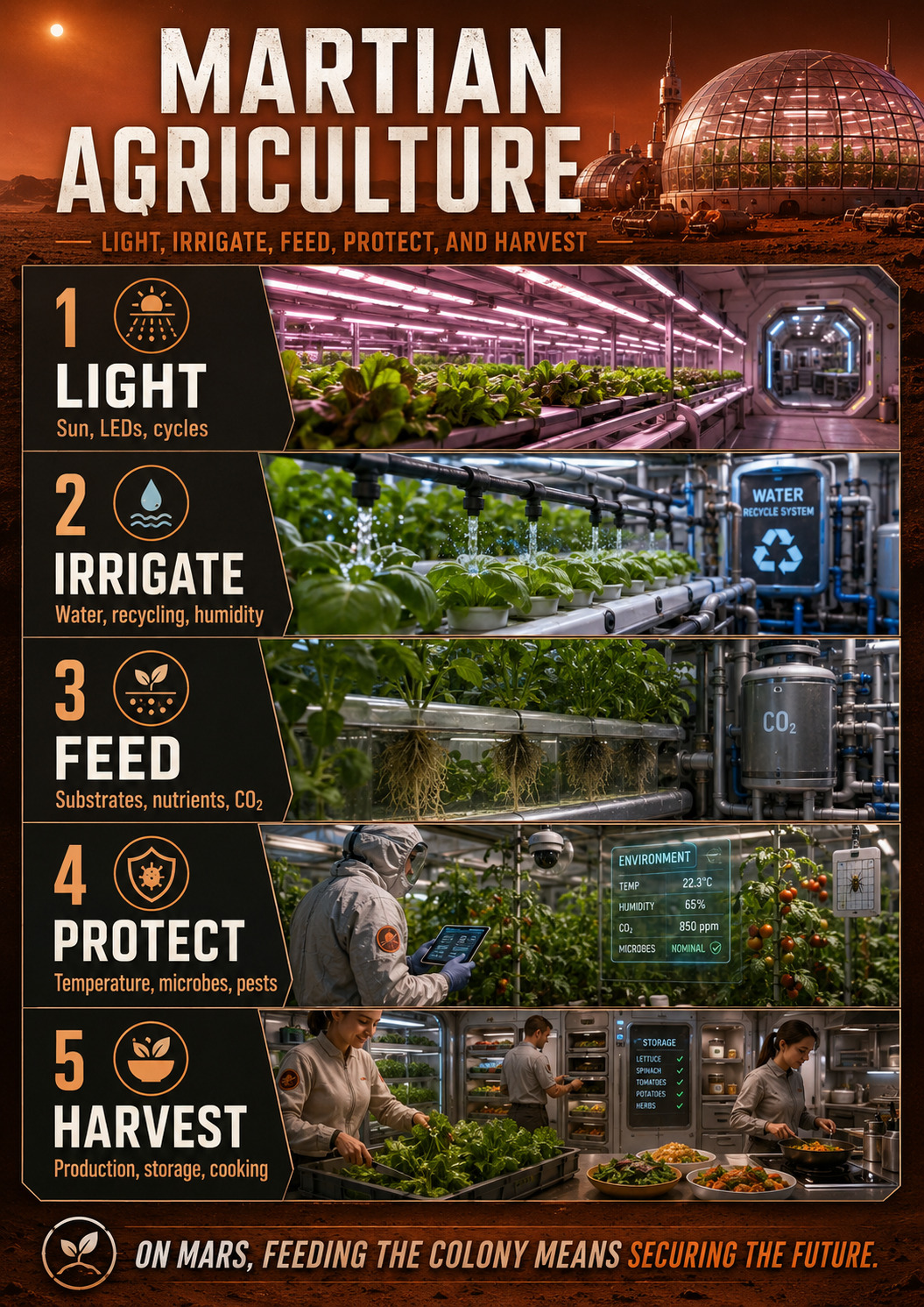 Martian agriculture: light, irrigate, feed, protect and harvest.