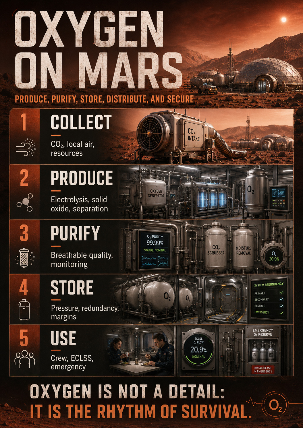 Oxygen on Mars: produce, purify, store, distribute and secure.