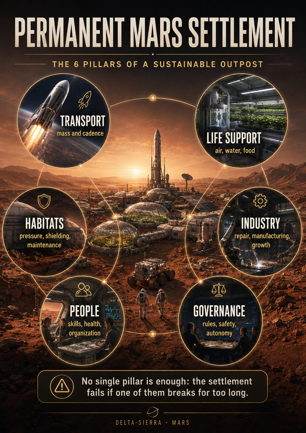 Premium poster showing the interdependent systems required for a permanent Mars settlement.