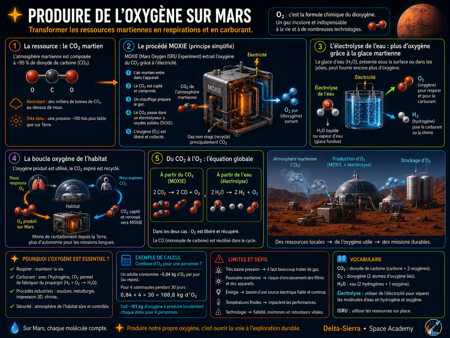 Planche pédagogique : deux voies conceptuelles de production locale d’oxygène — à replacer dans les limites et rendements documentés du texte.