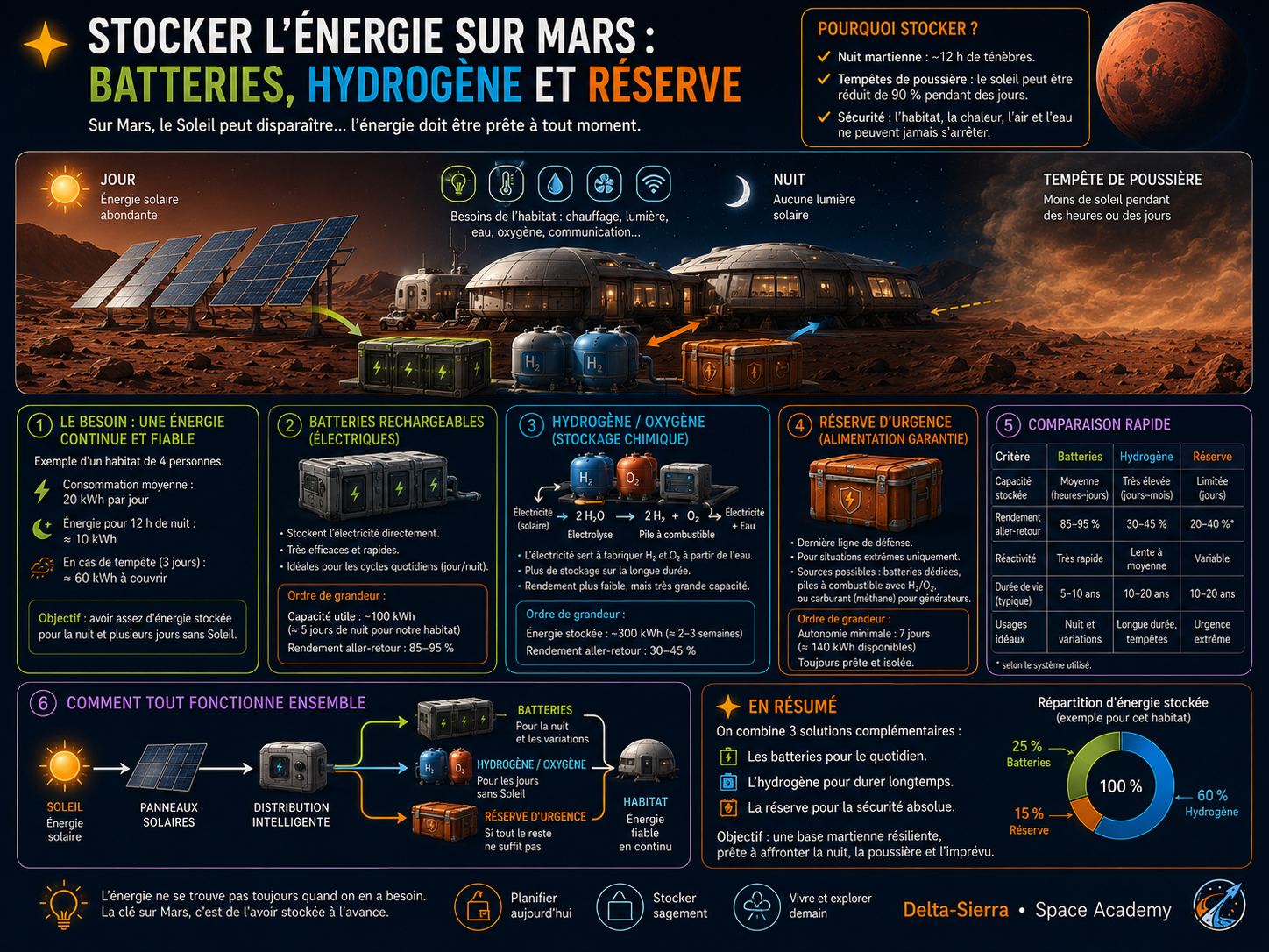 Planche pédagogique : stockage quotidien, réserve longue durée et redondance énergétique.