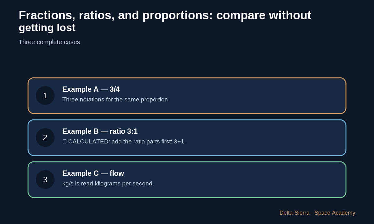 Three numerical examples for fractions ratios and proportions