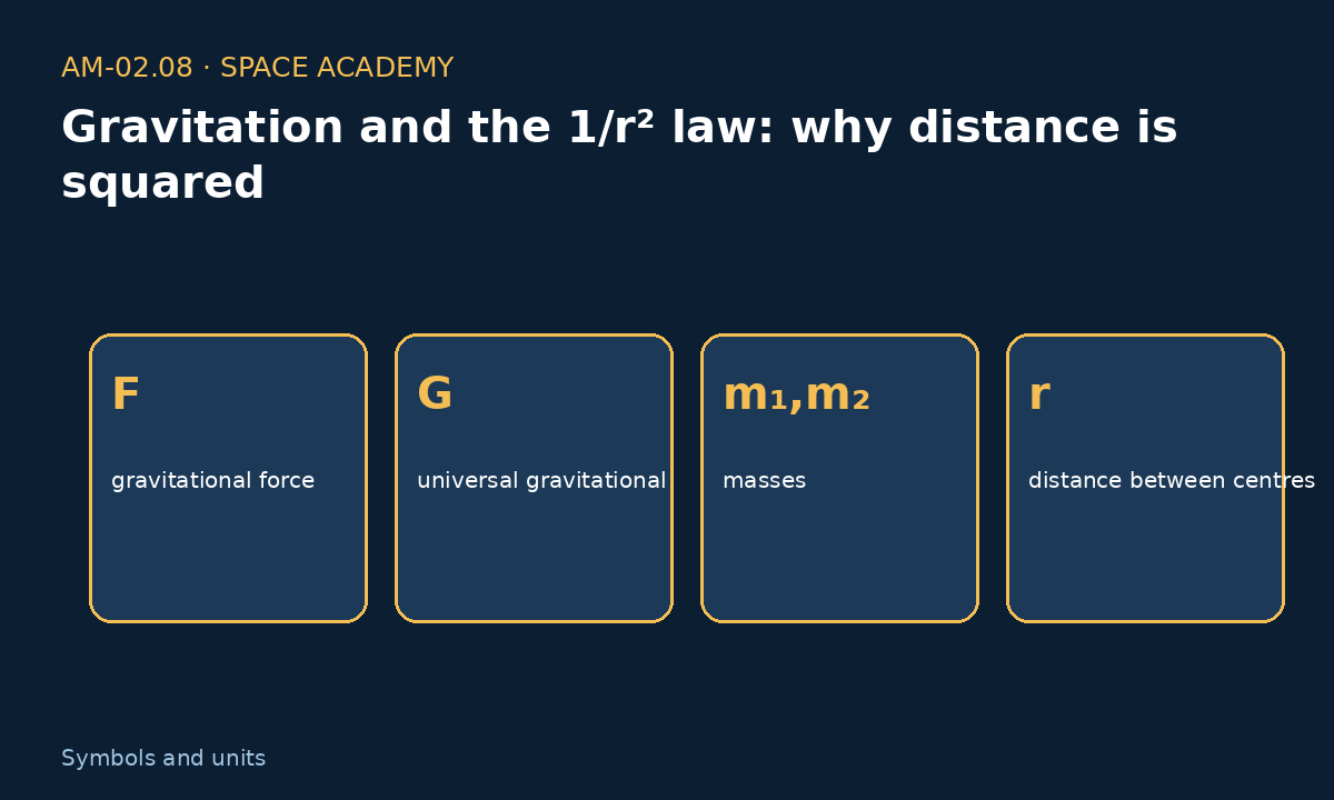 Learning diagram 2: 2 — How to read the symbols and units — Gravitation and the 1/r² law: why distance is squared