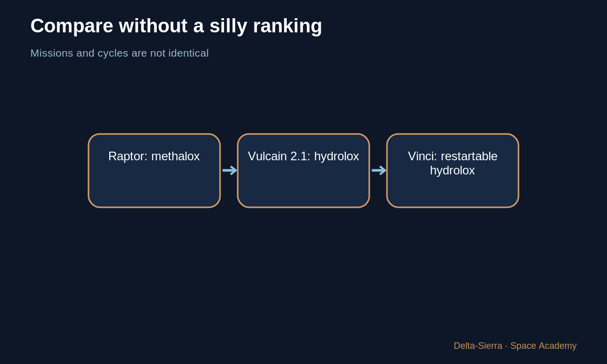 Learning diagram: Compare without a silly ranking — Understand the Raptor engine — from simple principle to full-flow cycle