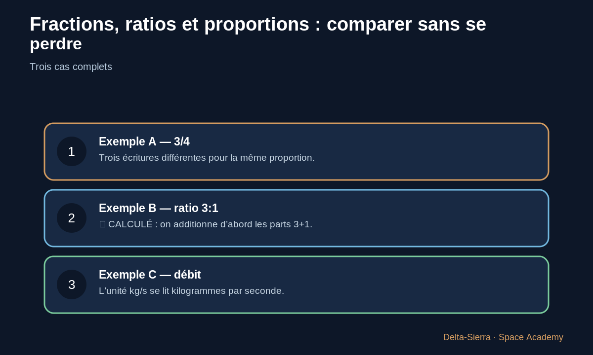 Trois exemples chiffrés sur fractions ratios et proportions