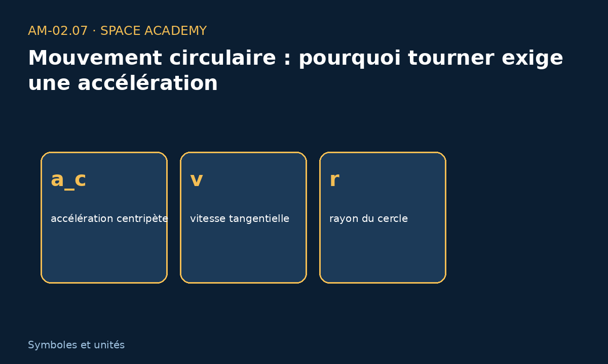 Schéma pédagogique 2 : 2 — Comment lire les symboles et les unités — Mouvement circulaire : pourquoi tourner exige une accélération