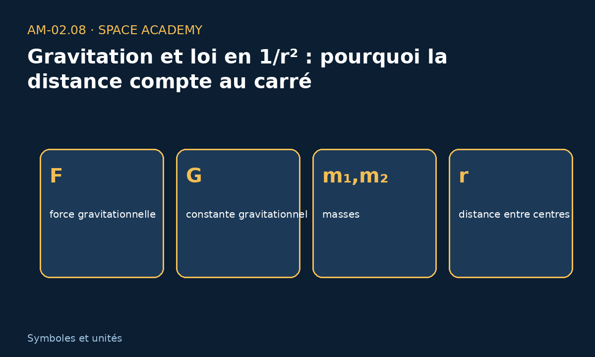 Schéma pédagogique 2 : 2 — Comment lire les symboles et les unités — Gravitation et loi en 1/r² : pourquoi la distance compte au carré
