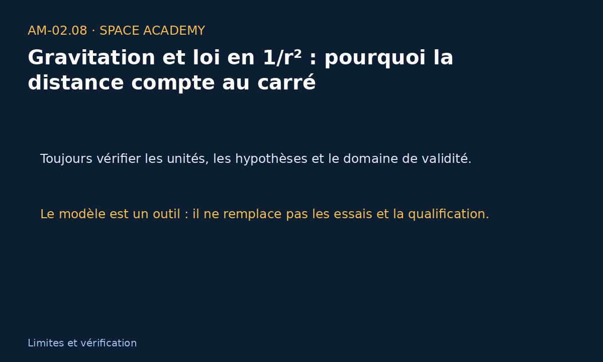 Schéma pédagogique 5 : 7 — Sensibilité, calcul inverse et contrôle du résultat — Gravitation et loi en 1/r² : pourquoi la distance compte au carré