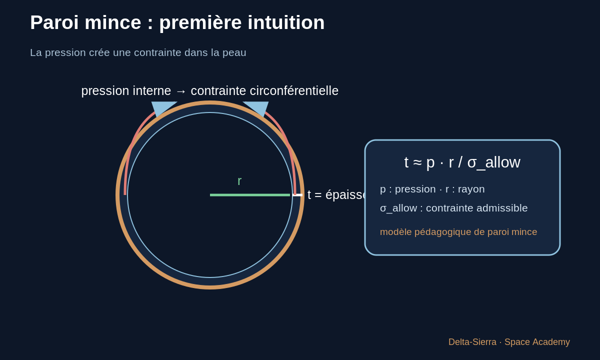 Schéma pédagogique 1 : 1 — Première question : qu’est-ce qui essaie de déchirer le réservoir ? — Pourquoi une paroi de fusée a-t-elle cette épaisseur ?