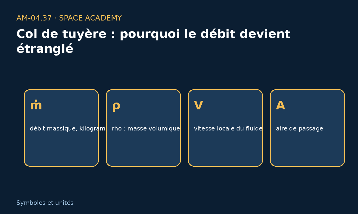 Schéma pédagogique 2 : 2 — Comment lire les symboles et les unités — Col de tuyère : pourquoi le débit devient étranglé