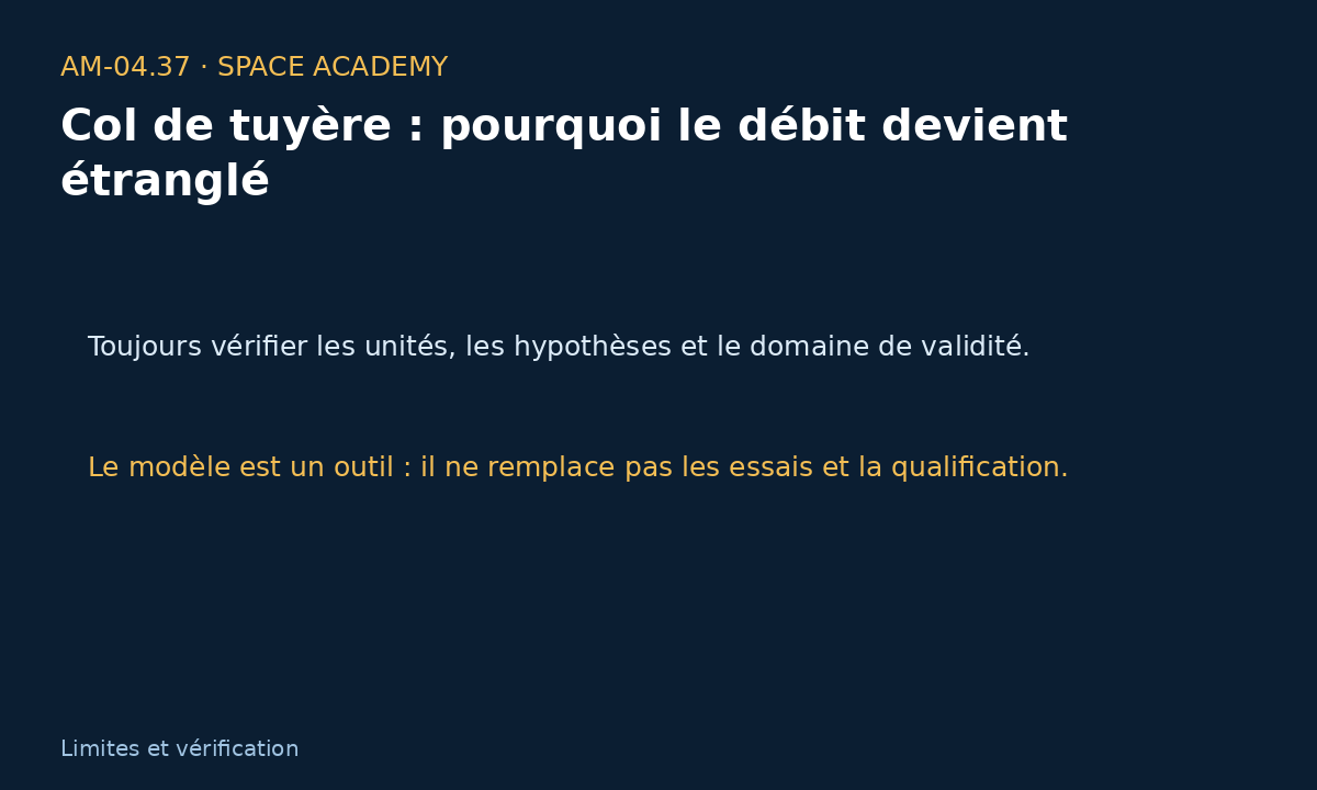 Schéma pédagogique 5 : 7 — Sensibilité, calcul inverse et contrôle du résultat — Col de tuyère : pourquoi le débit devient étranglé